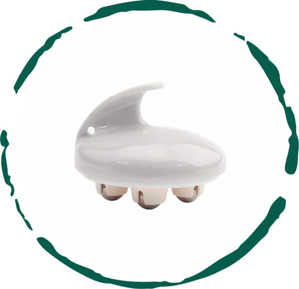 White rolling body massager with rounded disk top and four stainless roller feet