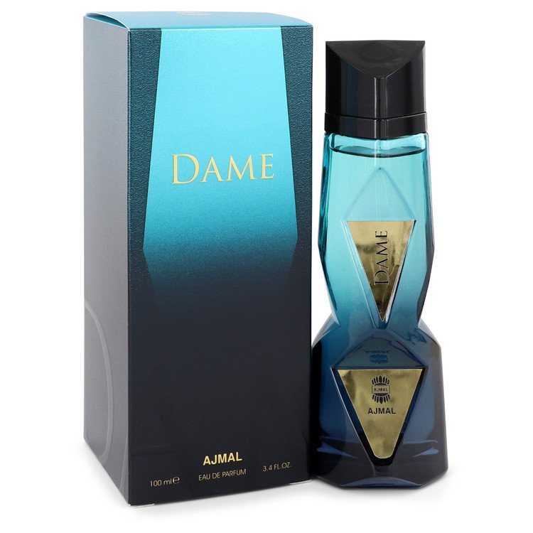 Ajmal Dame eau de parfum spray bottle with matching box, blue glass and black cap.