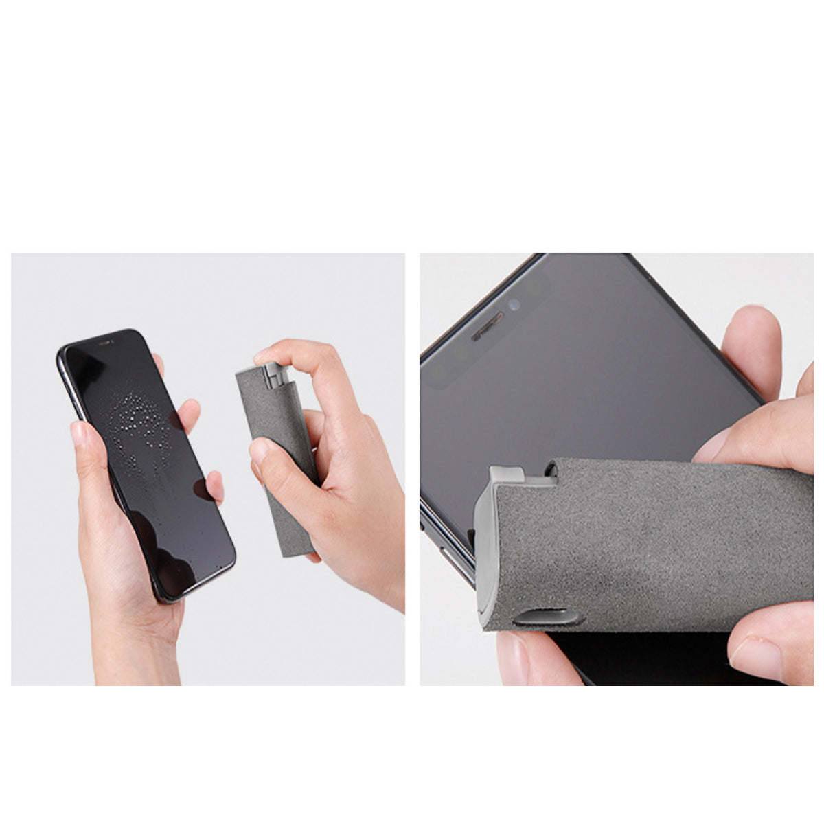 Phone screen cleaner with gray cloth pad and wiping tool shown in hand