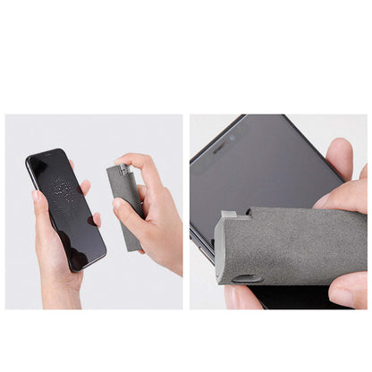 Phone screen cleaner with gray cloth pad and wiping tool shown in hand