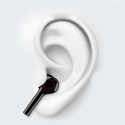 White wireless Bluetooth earbuds with red-ring touch sensors, earbud close-up