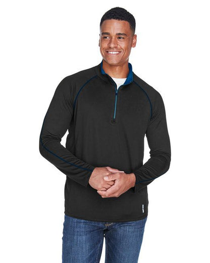 Men's black performance quarter-zip long-sleeve top with blue zipper and trim