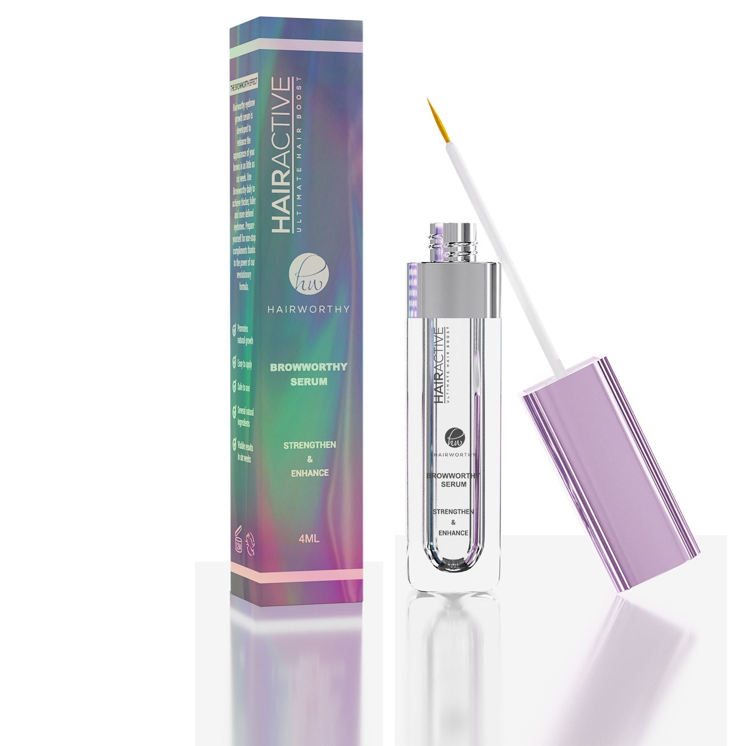 Eyebrow serum box and applicator pen with fine tip, silver and purple accents