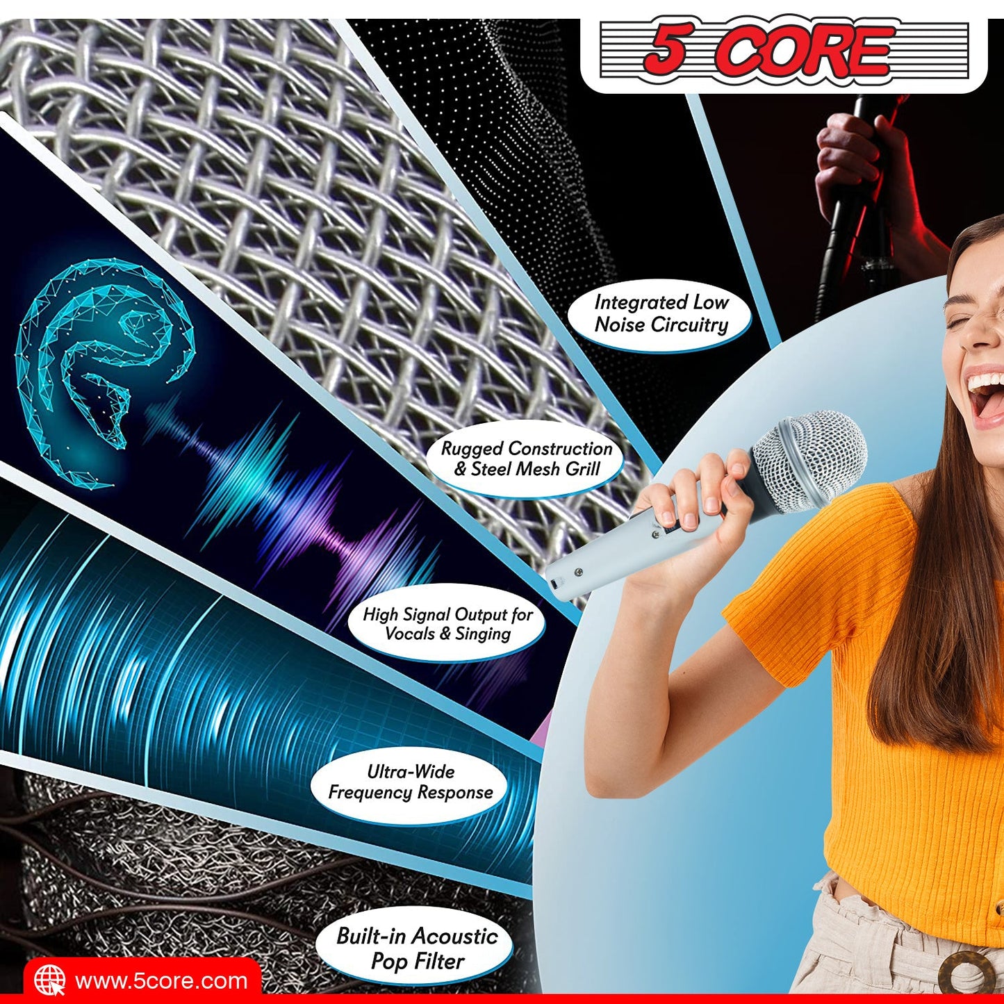 Handheld wired microphone with silver mesh grille and light blue body