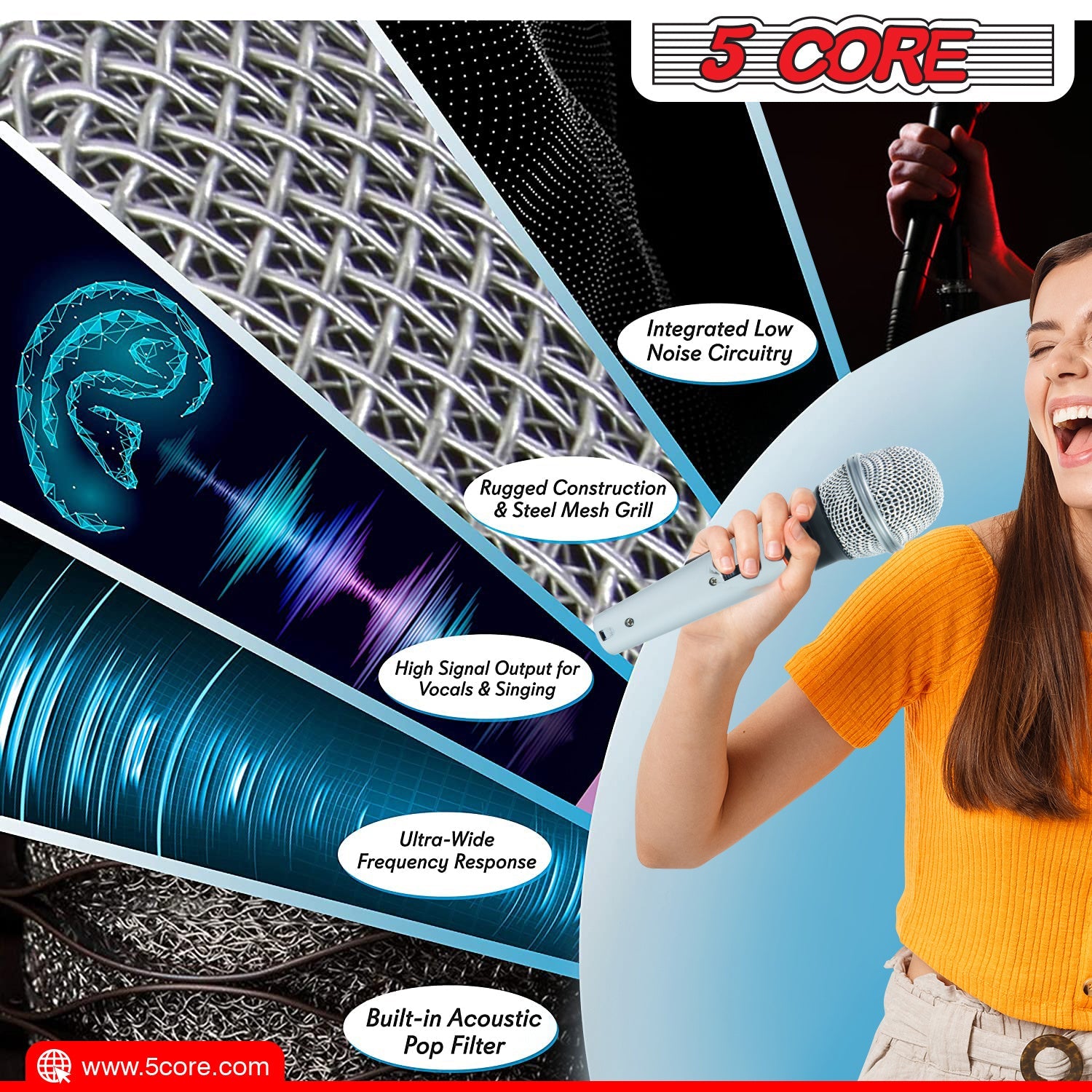 Handheld wired microphone with silver mesh grille and light blue body