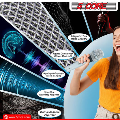 Handheld wired microphone with silver mesh grille and light blue body