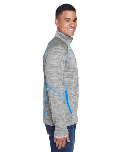 Men's heather gray fleece jacket with blue piping and full-zip, side profile