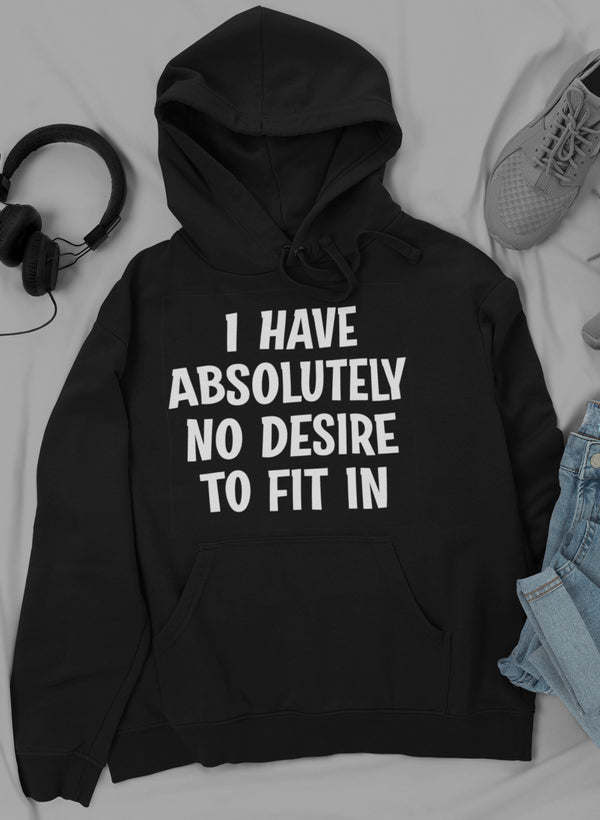 Black hoodie with front pocket and drawstring hood, slogan text print