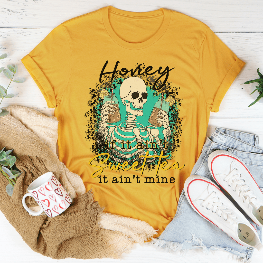 Mustard T-shirt with skull graphic and 'Sweet tea' slogan front print
