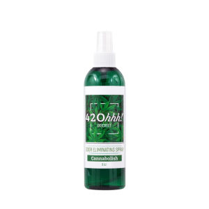 Odor remover spray bottle, green with white pump; Cannabolish scent.