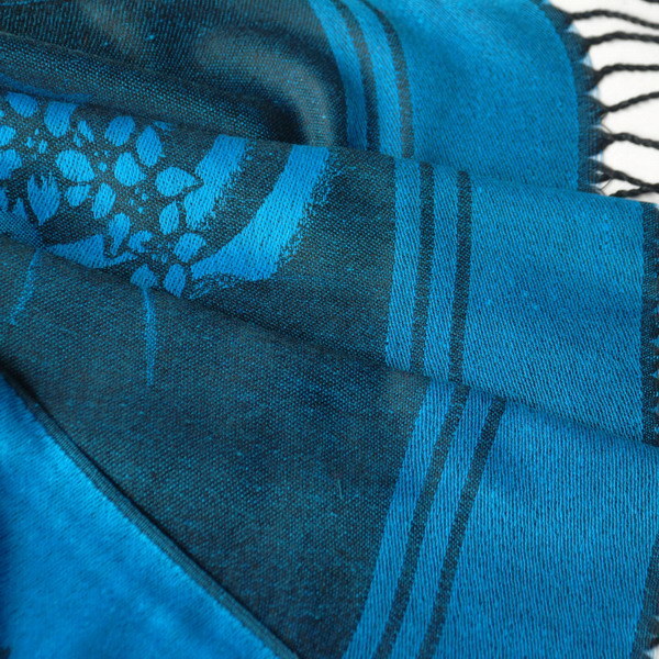 Blue woven scarf shawl with floral print and curved striped bands
