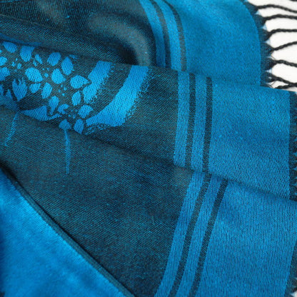 Blue woven scarf shawl with floral print and curved striped bands