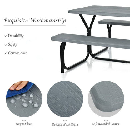 All Weather Outdoor Picnic Table Bench Set with Metal Base Wood