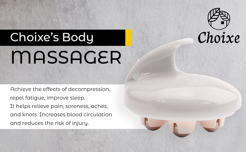 White rolling body massager with curved handle and four bead-like roller feet