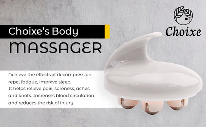 White rolling body massager with curved handle and four bead-like roller feet