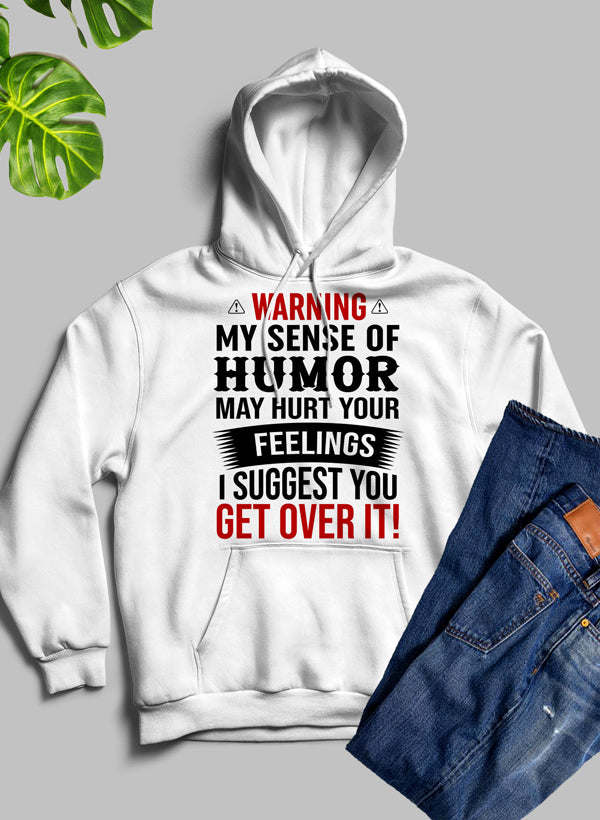 White pullover hoodie with front graphic text and kangaroo pocket, hooded sweatshirt.