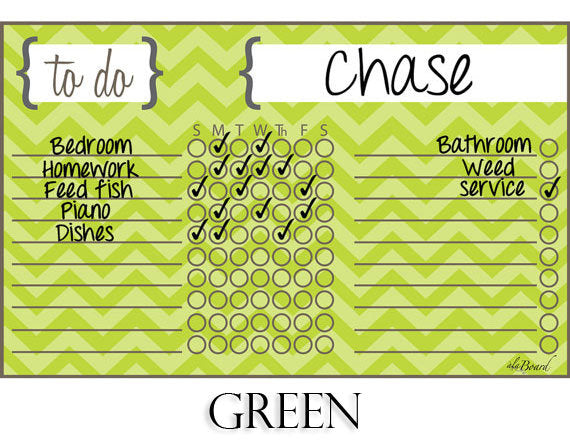 Green chevron chore chart with name Chase, to-do list, and circular checkboxes