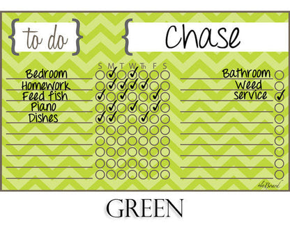 Green chevron chore chart with name Chase, to-do list, and circular checkboxes