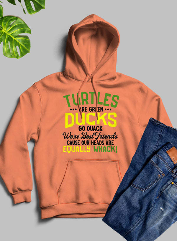 Kids orange graphic hoodie with kangaroo pocket and turtle/duck text print on front