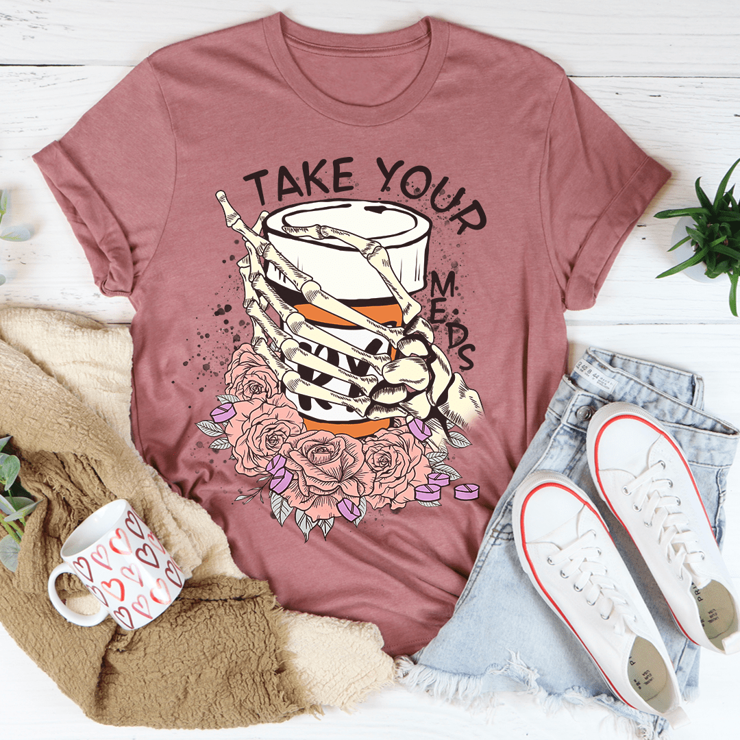 Mauve crew-neck T-shirt with skeleton hand, “TAKE YOUR” text, roses graphic.