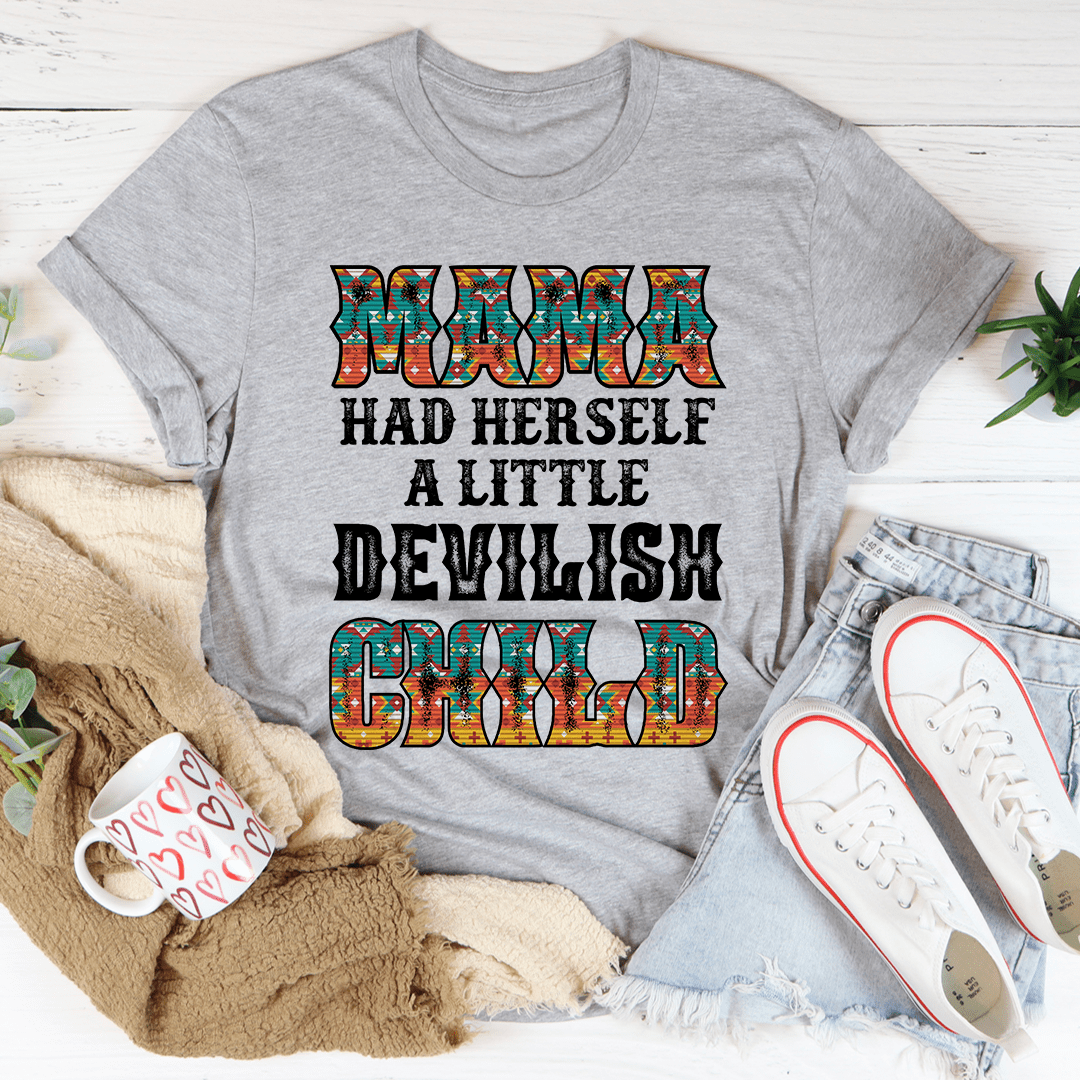 Gray graphic T-shirt with colorful lettering and gothic 'DEVILISH' text design