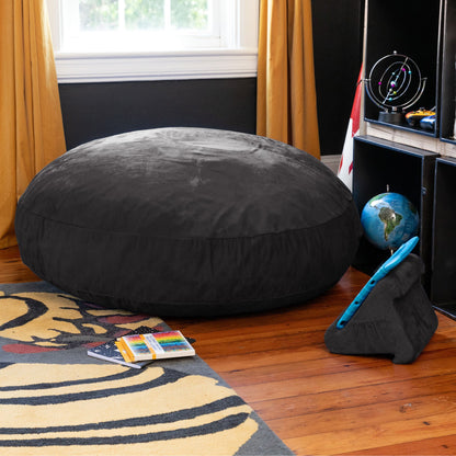 Black kids cocoon bean bag with smooth microsuede cover and stitched seams.
