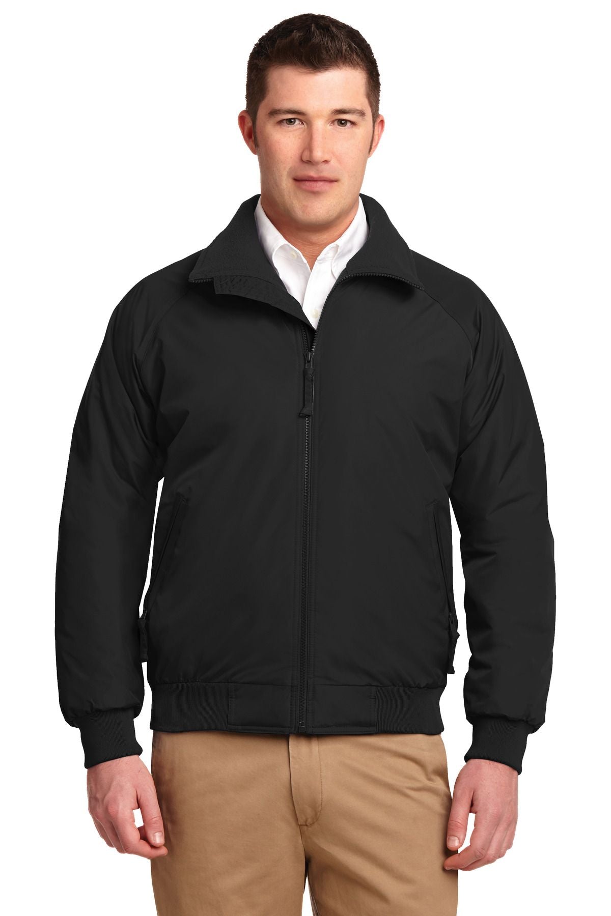 Black full-zip jacket with stand collar and long sleeves; matte black finish