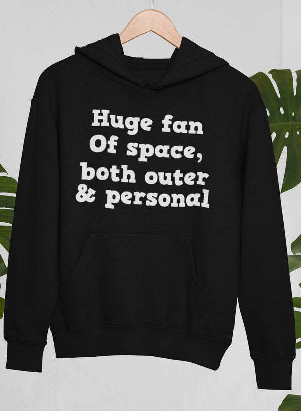 Black pullover hoodie with attached hood, kangaroo pocket, long sleeves, front print.