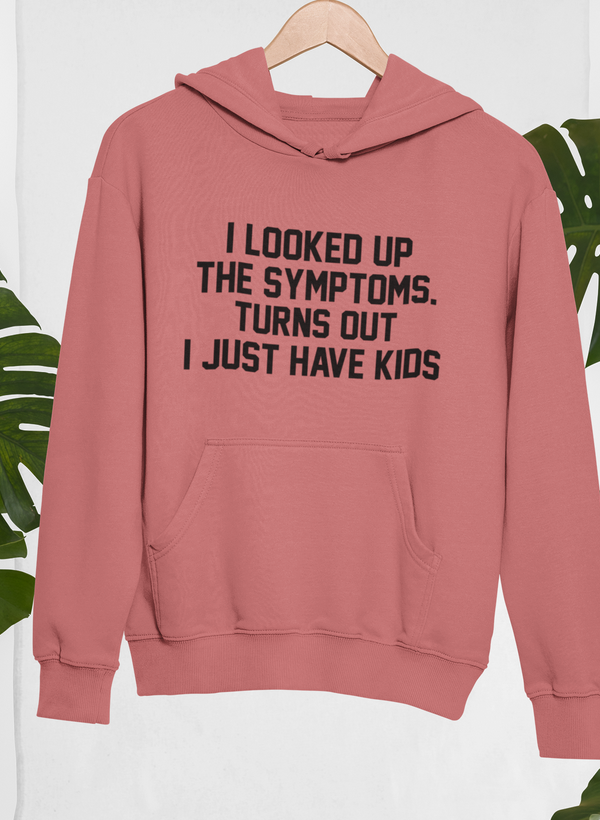 Kids hoodie in mauve pink with bold printed message and front kangaroo pocket