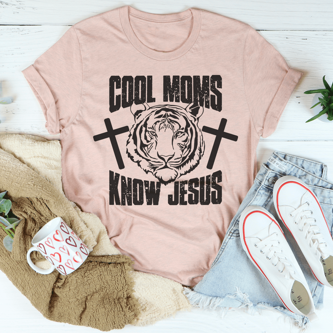 Heather peach crewneck T-shirt with tiger head and 'Cool Moms' and cross graphic