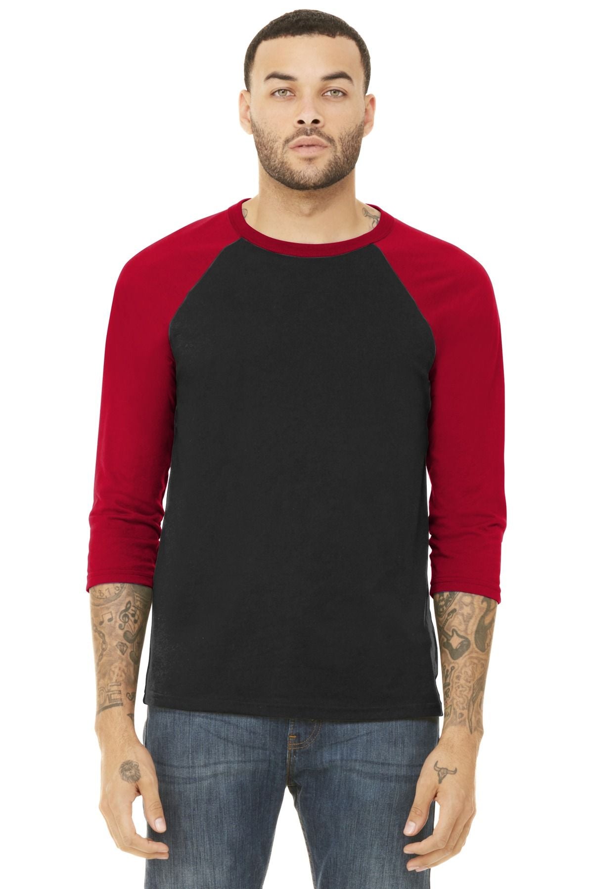 3/4 raglan baseball tee, black front panel with red sleeves and collar