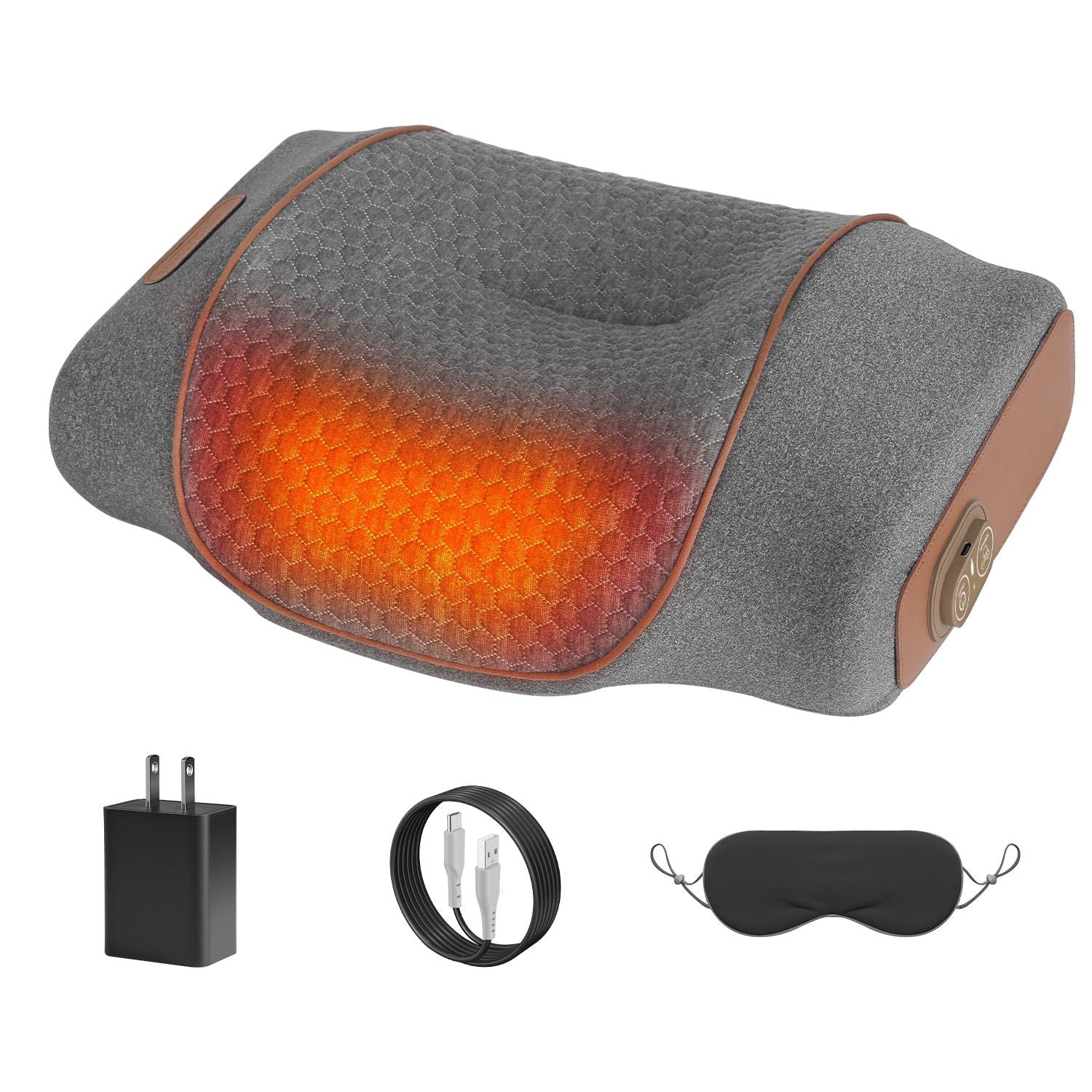 Dark grey neck massager pillow with heat band; includes power cord and face cover