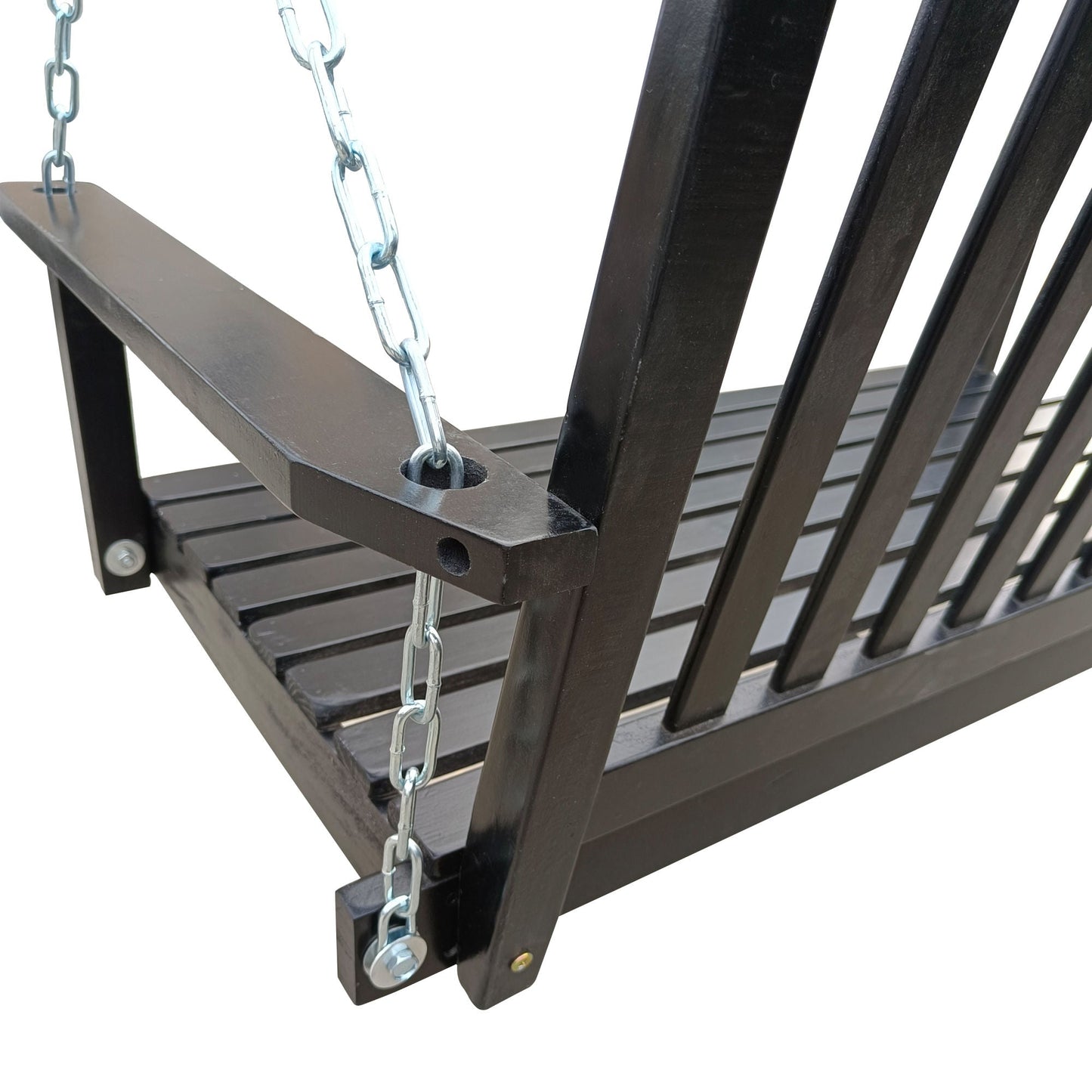 Black wood bench swing frame with leg supports and hanging chains.