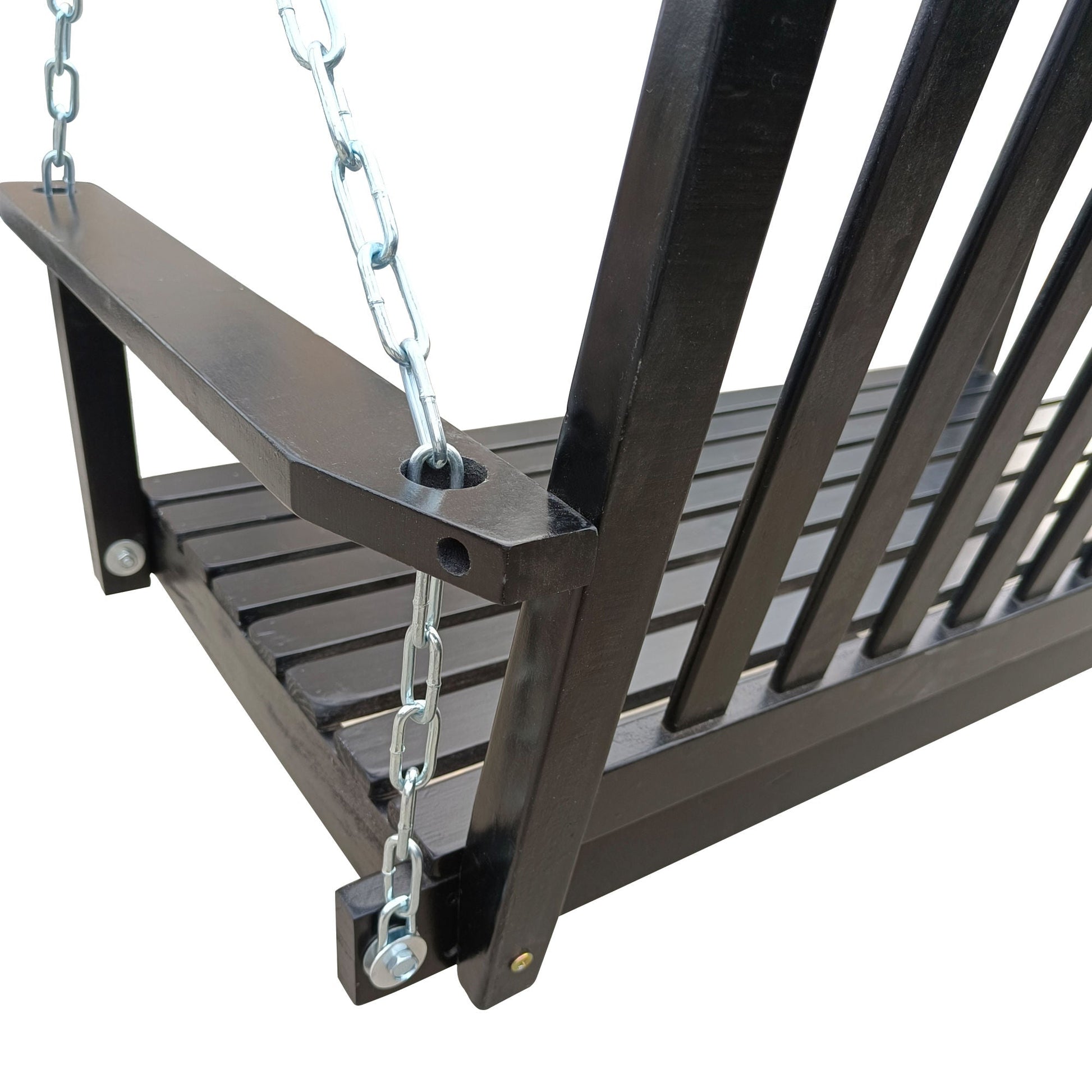 Black wood bench swing frame with leg supports and hanging chains.