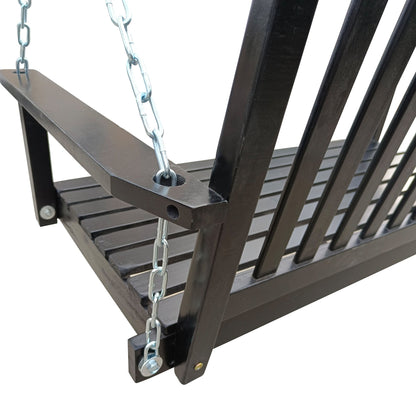 Black wood bench swing frame with leg supports and hanging chains.