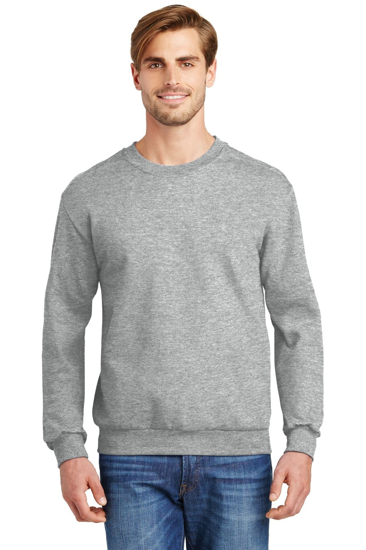Heather gray crewneck sweatshirt with ribbed crew neck, cuffs, and hem