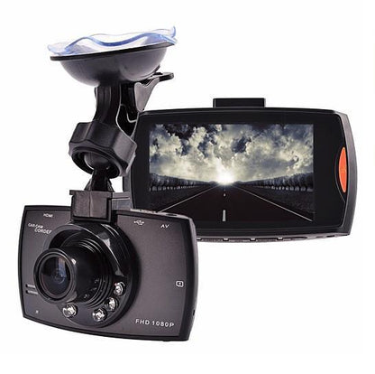 Car dash camcorder with front lens, dashboard mount, and swiveling display screen