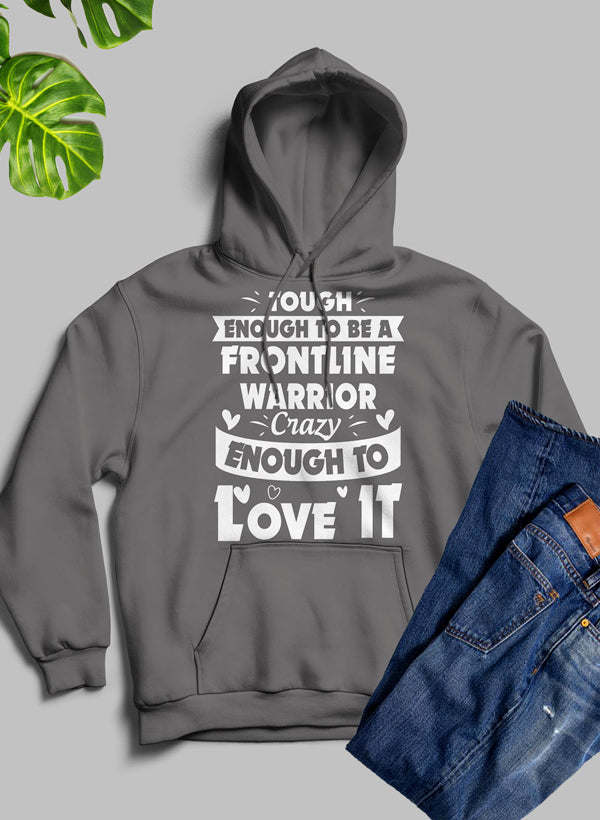 Dark gray pullover hoodie with Frontline Warrior graphic on chest