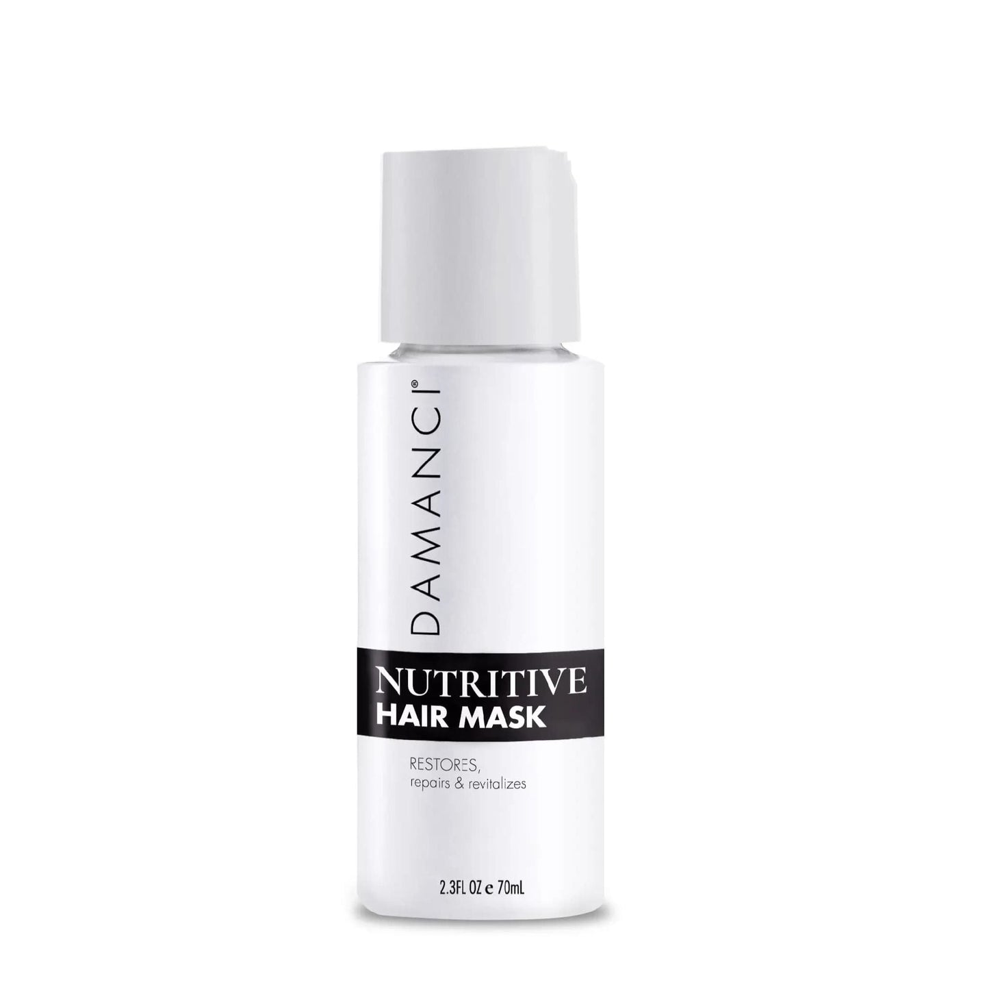 Nutritive hair mask bottle with white cap, glossy white label