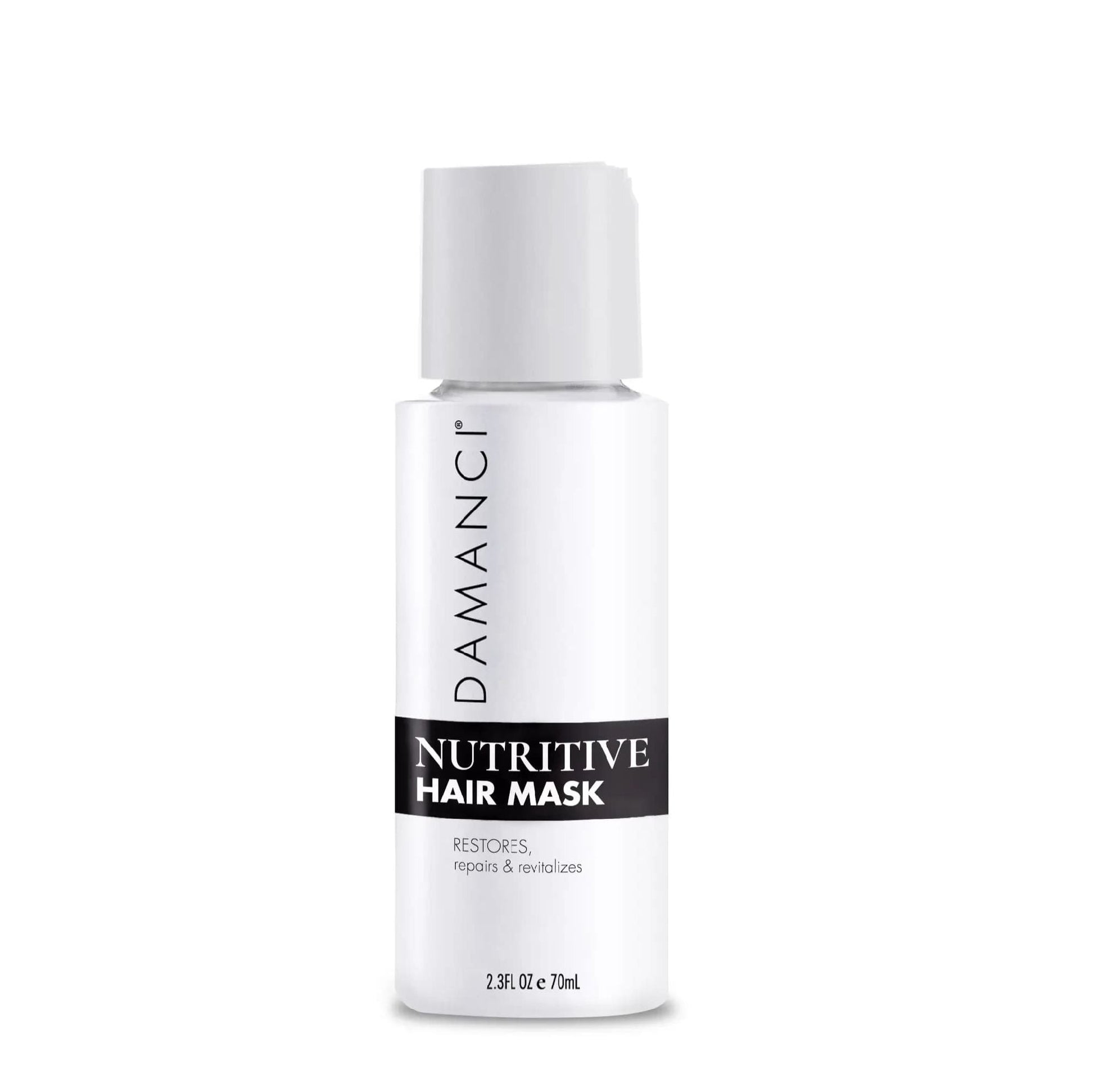 Nutritive hair mask bottle with white cap, glossy white label