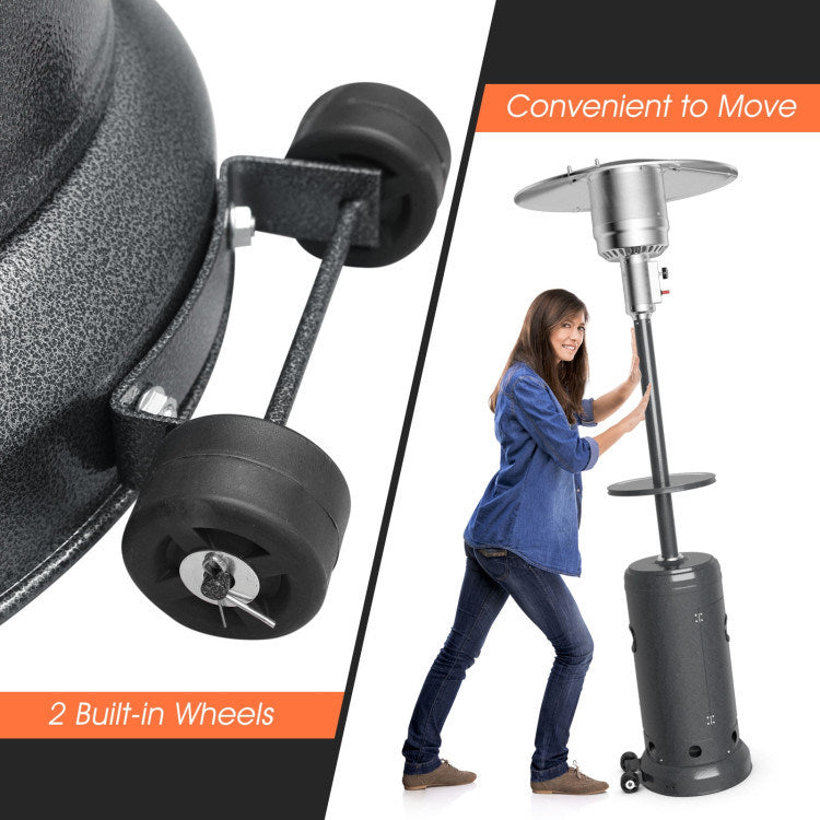 Propane patio heater with round side table, black tank base, and built-in wheels