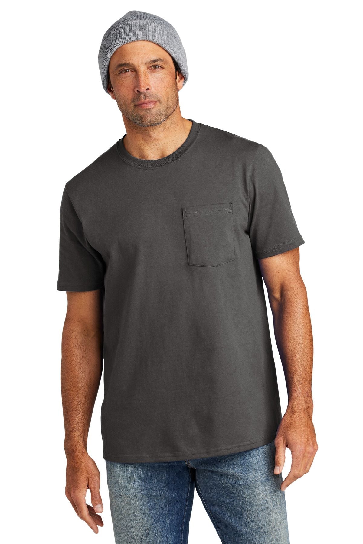 Men's pocket tee in dark gray with crew neck and small chest pocket
