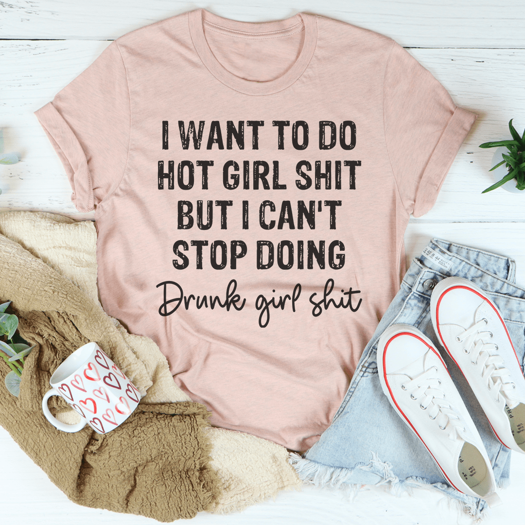 Mauve crewneck T-shirt with dark Hot girl and Drunk girl slogan graphic