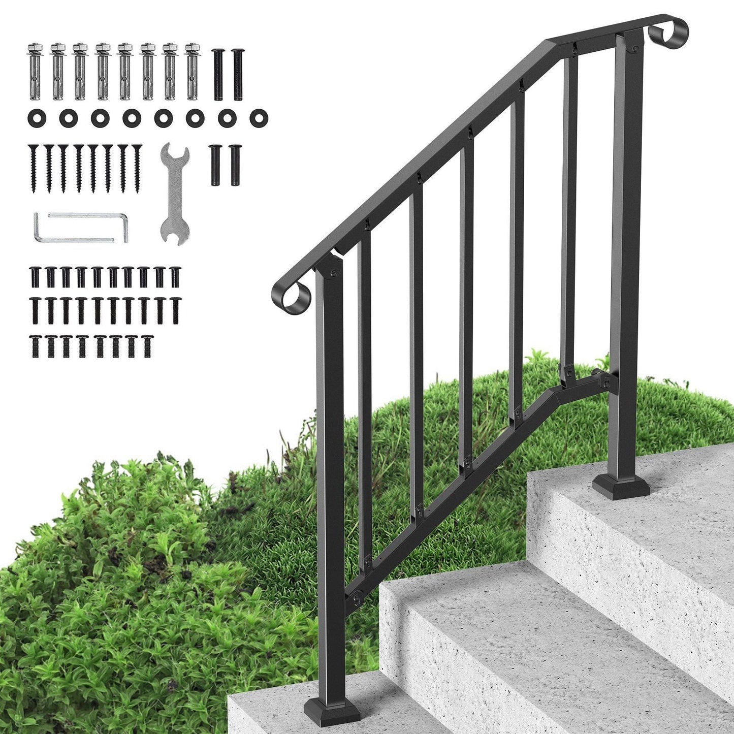 Handrails for Outdoor Steps, 2-3 Step Stair Hand Rail Kit, Transitional Carbon Steel Railings with Installation Kit, Stair Rails for Seniors, Concrete Steps & Porch & Deck, Black Retro Arch