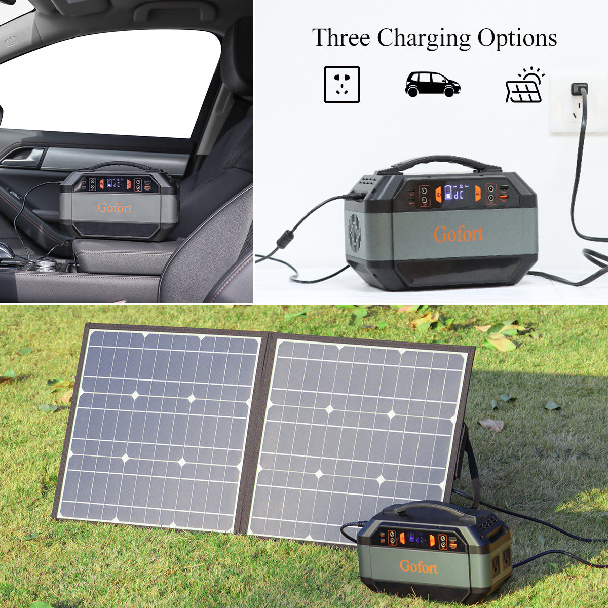 Portable power station with charging cables and foldable solar panel setup