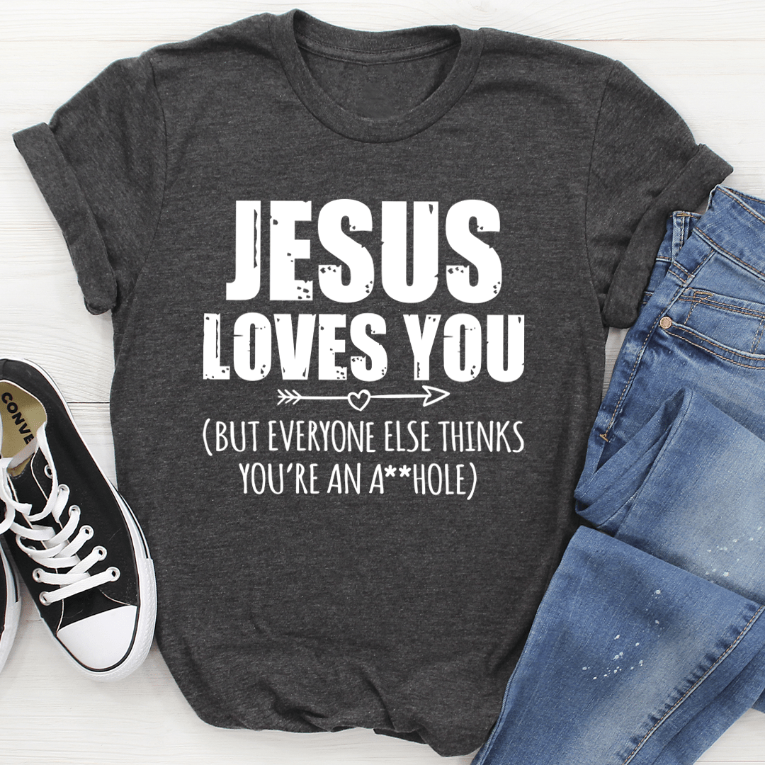 Dark grey heather T-shirt with white 'JESUS LOVES YOU' front graphic and slogan.