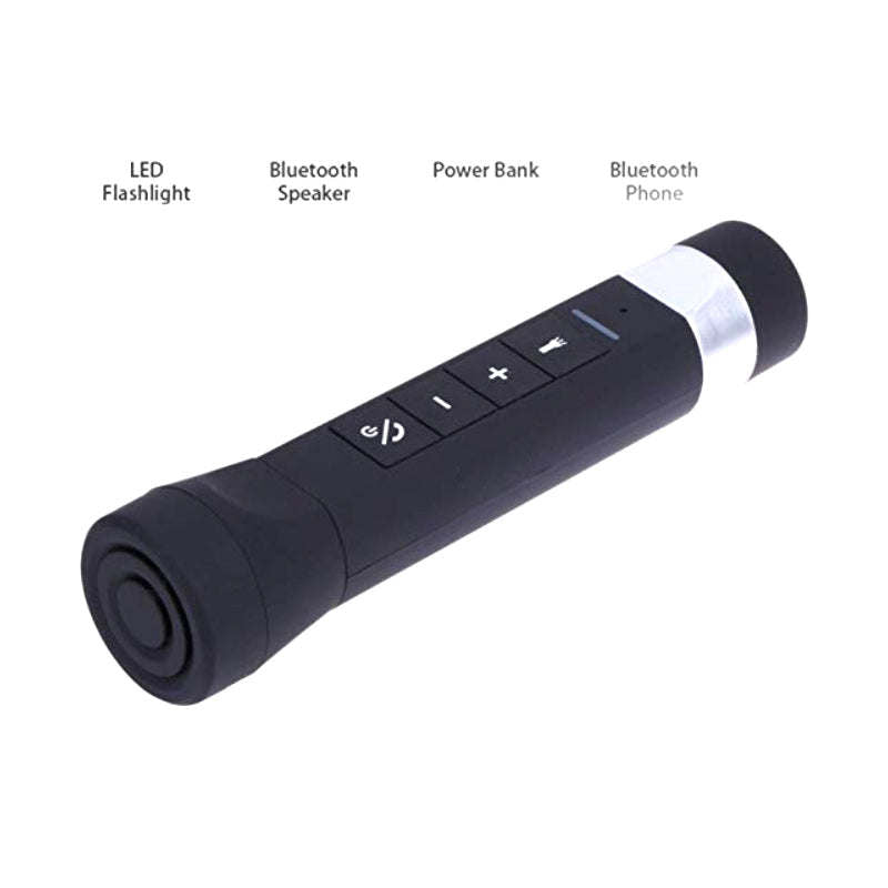 Black Bluetooth speaker cylinder with button controls and silver accent ring