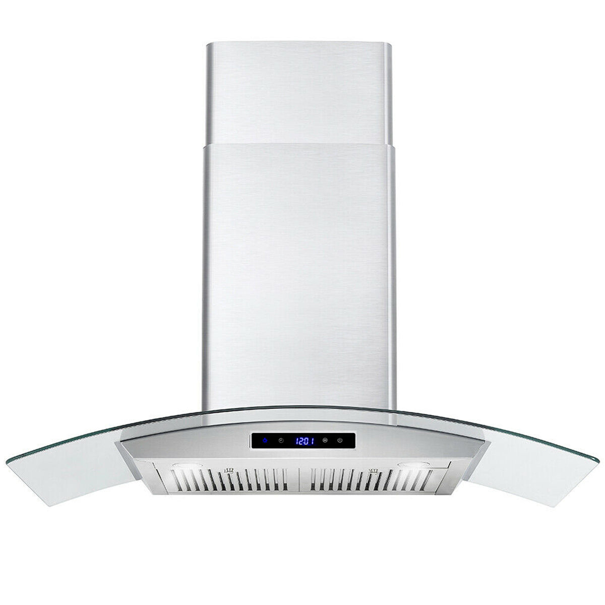 30-inch wall mounted range hood with stainless steel chimney and clear tempered glass visor