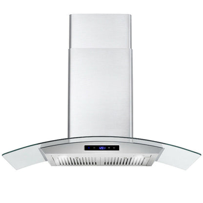30-inch wall mounted range hood with stainless steel chimney and clear tempered glass visor