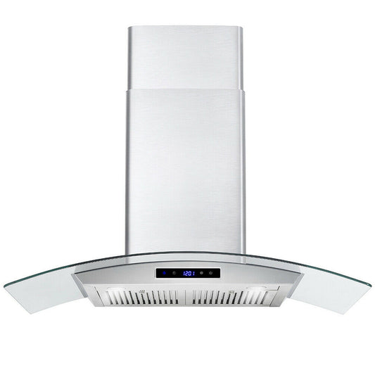 30-inch wall mounted range hood with stainless steel chimney and clear tempered glass visor